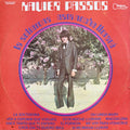 Vinyl record cover for 'La Soltera' by Navier Passos, featuring a central photo of a man in a pinstripe suit standing in front of flowering trees, set against a bright red background with blue and white text.